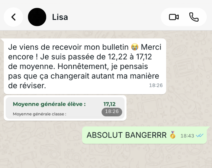 Message de Lisa : passée de 12,22 à 17,12 de moyenne